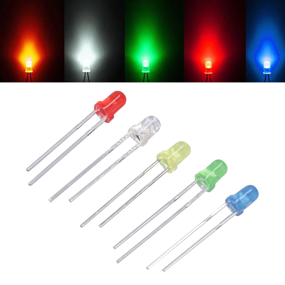 500Pcs 3Mm Led Light Emitting Diode Set 5 Colors Red Yellow Blue Green White 8231332251484