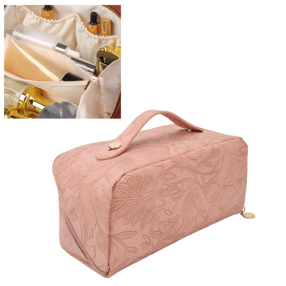 Pink Large Capacity Pu Leather Makeup Bag With 180 Opening And Dividers