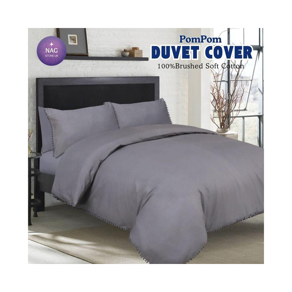 (CHARCOAL , SINGLE (with 1 pillow covers)) Solid Color Pompom Microfibre Boho Duvet Cover Bedding Set - 3 Piece Soft & Comfortable Duvet Cover + 2 Pil-image-OPC-PJBCT2Q-NEW