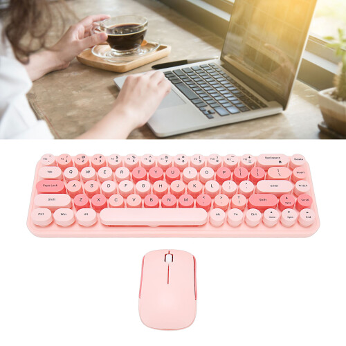 Wireless Retro Pink Keyboard Mouse Combo 68 Keycaps 3 DPI Adjust