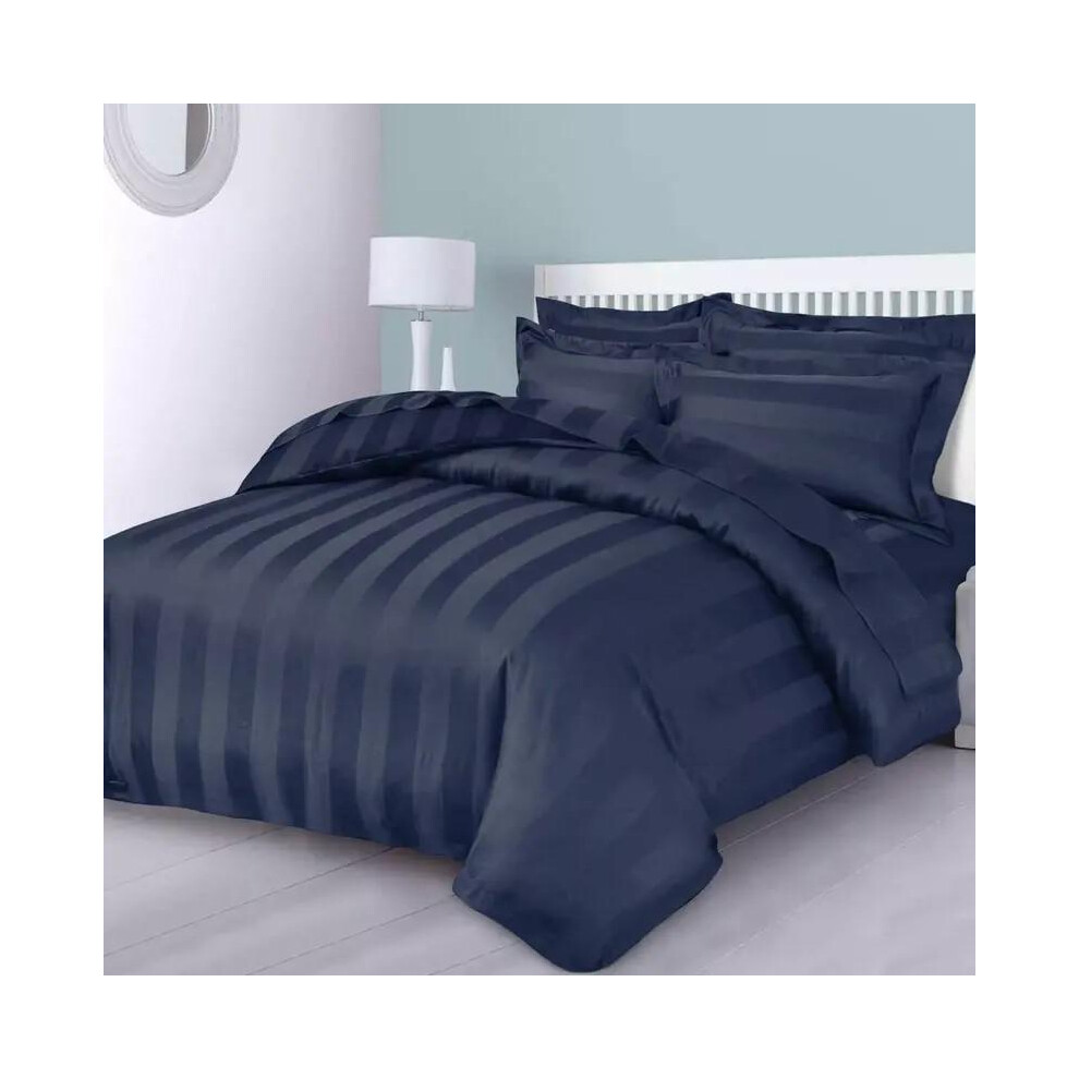 (Navy, Super King) Luxurious Hotel Quality Affordable Bedding with Satin Stripes, Includes Duvet Cover and Pillowcases strip design-image-OPC-PJBCWB5-NEW