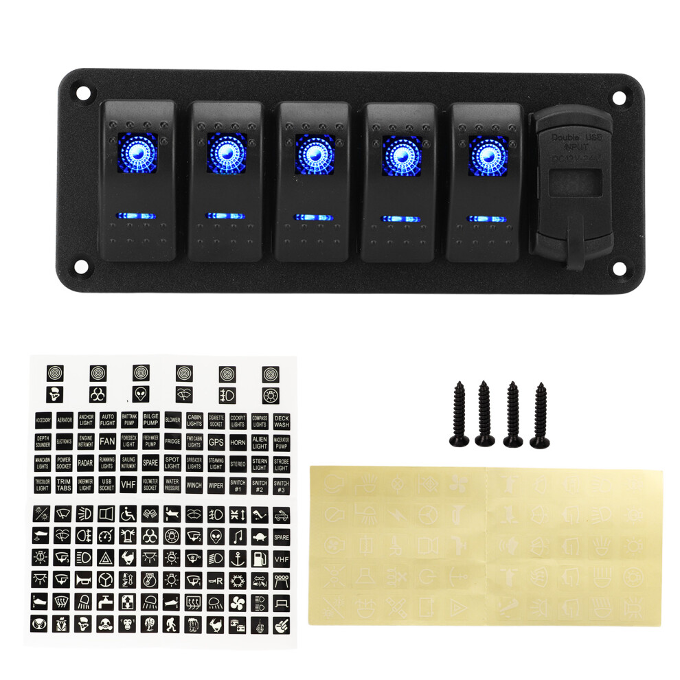 5 Gang Rocker Switch Panel 12Vâ24V Dual Usb 9121376201455