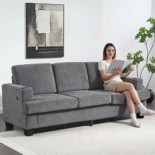 (Grey) HOMCOM 3 Seater Sofa, Fabric Sofa with USB Ports and Cup Holders