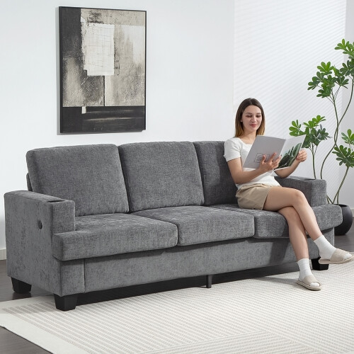 Homcom (Grey) HOMCOM 3 Seater Sofa, Fabric Sofa with USB Ports and Cup Holders