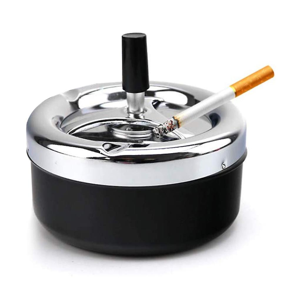 Automatic Cleaning Rotating Ashtray, Round Push Down Cigarette Ashtray With Spinning Tray, Large, Black
