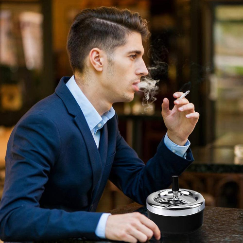 Automatic Cleaning Rotating Ashtray, Round Push Down Cigarette Ashtray With Spinning Tray, Large, Black 2