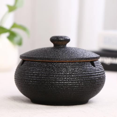 Cendrier en céramique avec couvercle, coupe-vent, style rétro chinois, noir 1