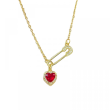 (Color dorado y rojo) Collar con colgante de corazón único con imperdible, collar con dije de corazón, joyería con textura de aleación para
