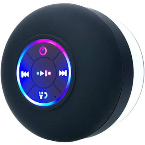 (Black)New Portable Waterproof Bluetooth Shower Speaker with Suction Cup and LED Lights 3D