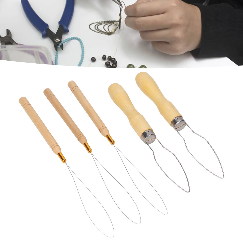 Unisex 5Pcs Wooden Hair Extension Loop Needle & Bead Threader Set, 17.3X2cm