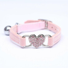 Rose-Velvet cat collar with heart pendant with crystals and bell, 28-30 cm