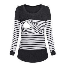 Women's Maternity Black Striped Nursing Long Sleeve Cotton Shirt
