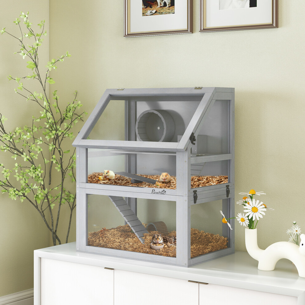 Pawhut (Grey) Wooden Hamster Cage W/ Detachable Bottom, Hut, Seesaw Grey