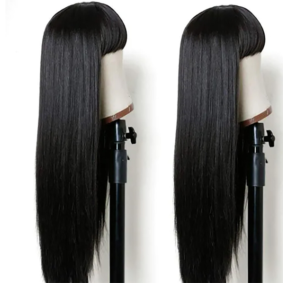 Unisex Black Long Straight Wig With Bangs, 70Cm Synthetic Hair For Women