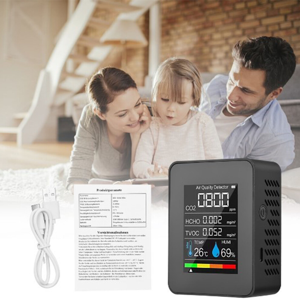 Black 5-In-1 Formaldehyde, Tvoc, Co2, Pm2.5, Temp & Humidity Tester