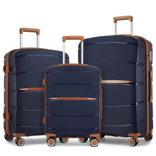 (Navy/Brown, 20+24+28Inch) 20/24/28Inch Hard Shell 4 Wheels Suitcase Cabin Hand PP Luggage Check In Case