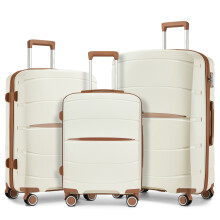 (Cream/Brown, 20+24+28Inch) 20/24/28Inch Hard Shell 4 Wheels Suitcase Cabin Hand PP Luggage Check In Case