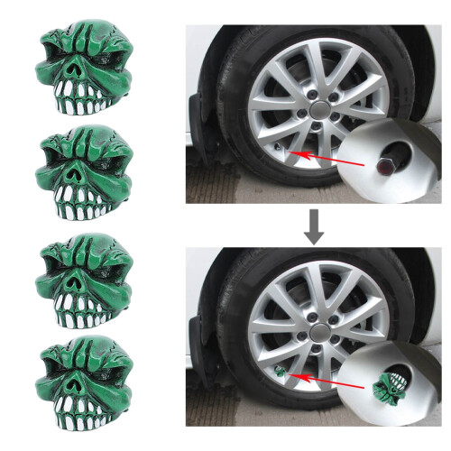 4 pièces de capuchons de valve de pneu style crâne 7 mm vert