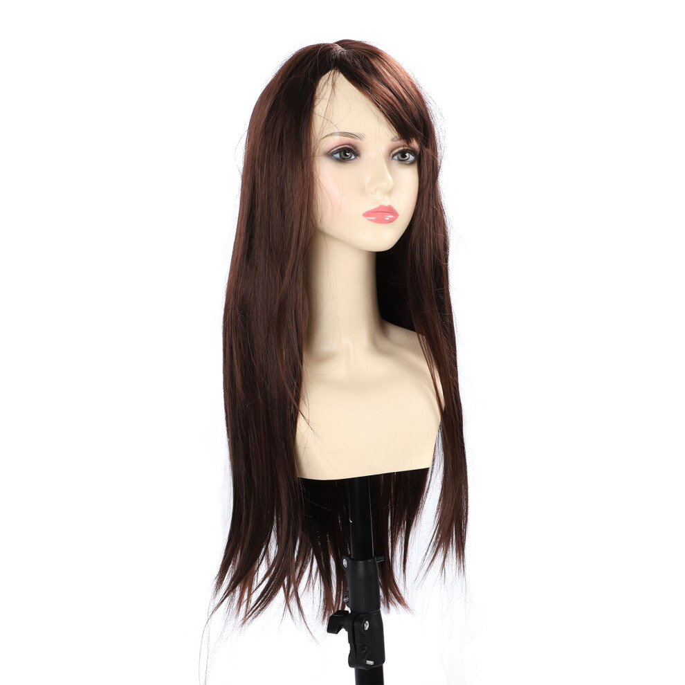 Long Straight Dark Brown Synthetic Wig with Bang, High Density, Heat-Resistant