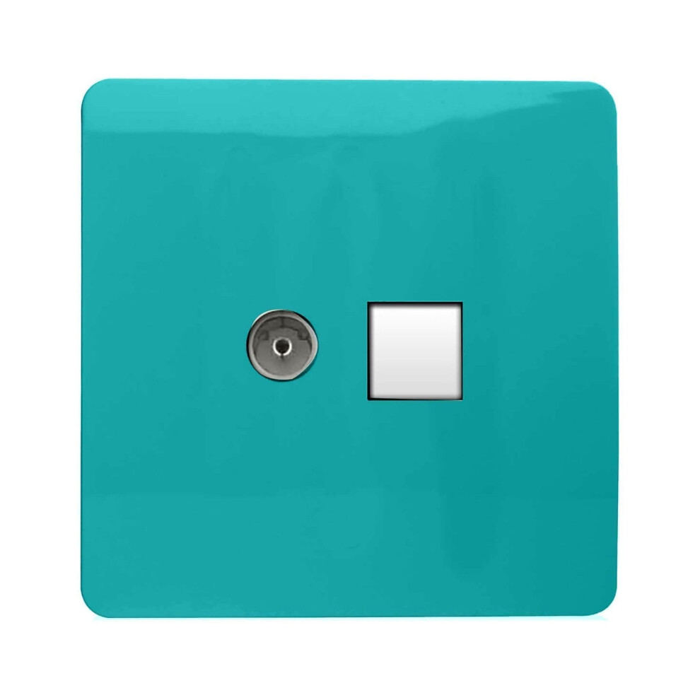 Trendi Switch 2 Gang Tv Co-Axial & Rj45 Cat 6 Modern Designer Pc Ethernet Socketsin Bright Teal 5060998724420