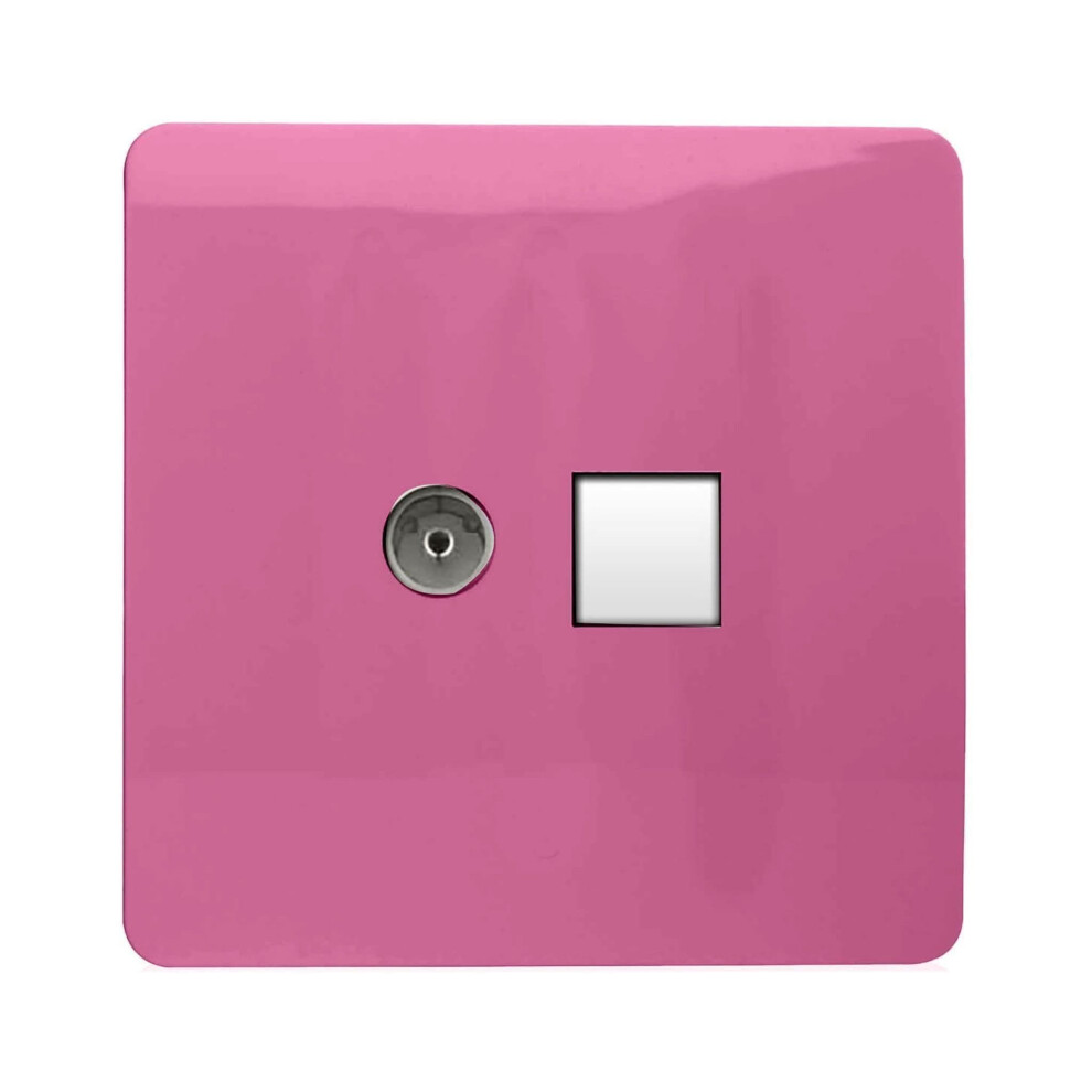 Trendi Switch 2 Gang Tv Co-Axial & Rj45 Cat 6 Modern Designer Pc Ethernet Socketsin Candy Pink 5060998724369