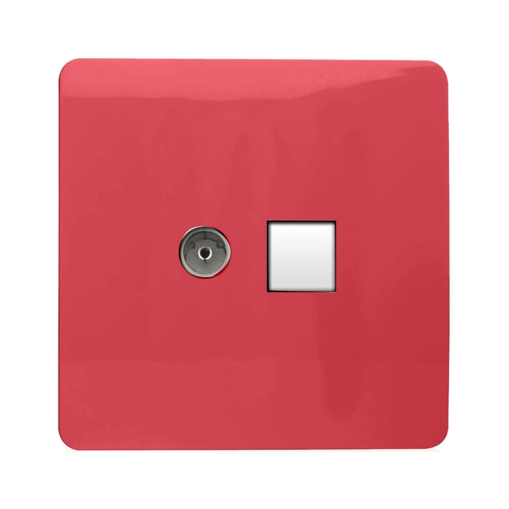 Trendi Switch 2 Gang Tv Co-Axial & Rj45 Cat 6 Modern Designer Pc Ethernet Socketsin Strawberry Red