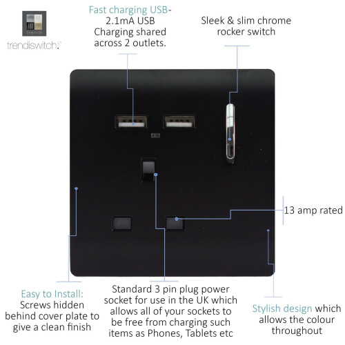 Trendi Switch Trendi Switch 1 Gang USB 2100mA Plug Socketin Matt Black 1
