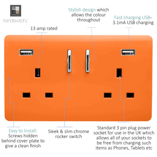 Trendi Switch Trendi Switch 2 Gang USB 3100mA Plug Socketin Sunset Orange 1