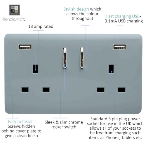 Trendi Switch Trendi Switch 2 Gang USB 3100mA Plug Socketin Cool Grey 1
