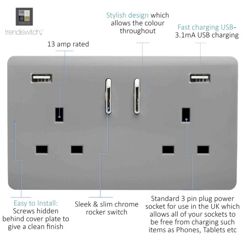 Trendi Switch Trendi Switch 2 Gang USB 3100mA Plug Socketin Light Grey 1