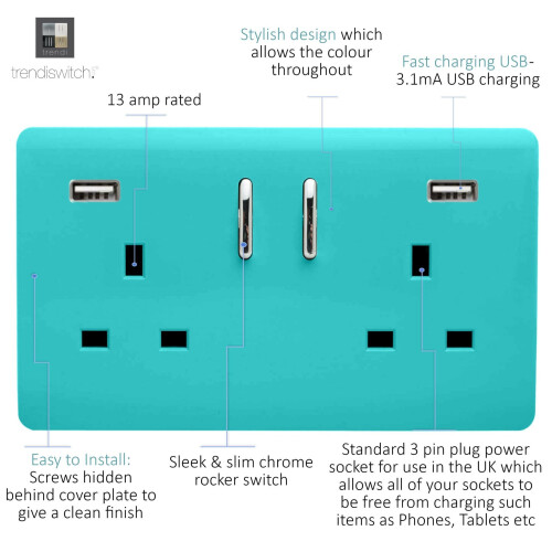 Trendi Switch Trendi Switch 2 Gang USB 3100mA Plug Socketin Bright Teal 1