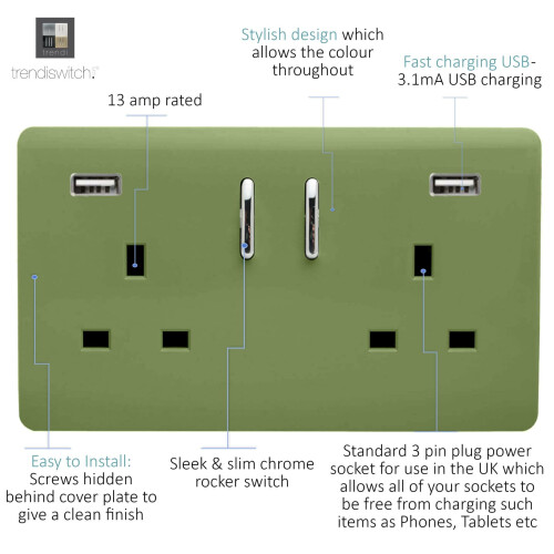Trendi Switch Trendi Switch 2 Gang USB 3100mA Plug Socketin Moss Green 1