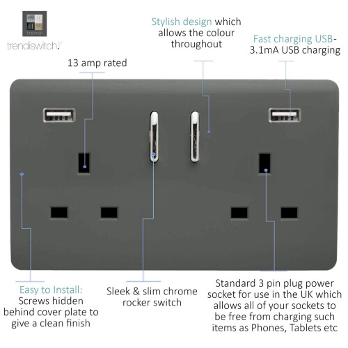 Trendi Switch Trendi Switch 2 Gang USB 3100mA Plug Socketin Charcoal Grey 1