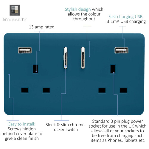 Trendi Switch Trendi Switch 2 Gang USB 3100mA Plug Socketin Midnight Blue 1