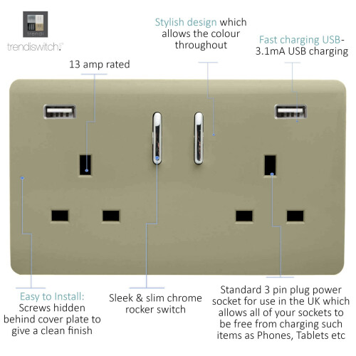 Trendi Switch Trendi Switch 2 Gang USB 3100mA Plug Socketin Champagne Gold 1