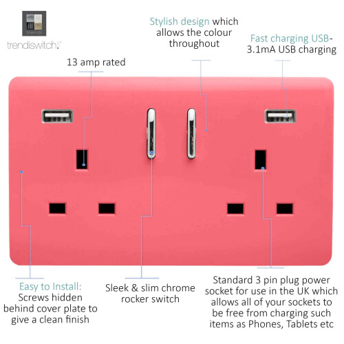 Trendi Switch Trendi Switch 2 Gang USB 3100mA Plug Socketin Strawberry Red 1