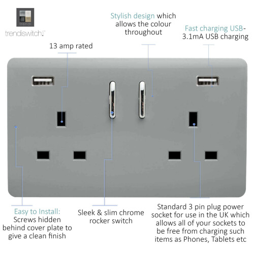 Trendi Switch Trendi Switch 2 Gang USB 3100mA Plug Socketin Platinum Silver 1