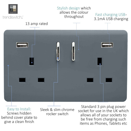 Trendi Switch Trendi Switch 2 Gang USB 3100mA Plug Socket in Warm Grey 1