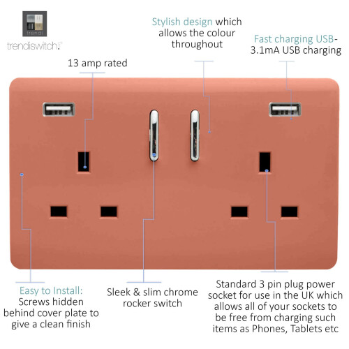Trendi Switch Trendi Switch 2 Gang USB 3100mA Plug Socket in Copper 1