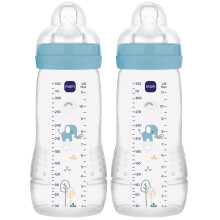 MAM Easy Active Baby Bottle with Fast Flow MAM Teats Size 3, Twin Pack of Baby Bottles, Baby Feeding, 330 ml, Blue (Designs May Vary)