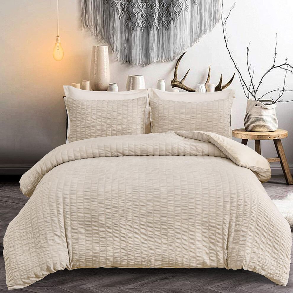 Beige Seersucker Bedding Set King Size Puckering Seersucker Duvet Cover Set,Soft Microfiber,2 Pillowcases and Zipper Closure,220230cm