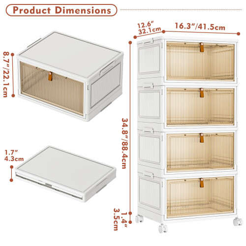 TidyTrove Storage Boxes with Lid, 4-Tier Plastic Stackable Storage Boxes with 1 Lid 28L/Tier, Folding Storage Bins with Wheels, Storage Organizer for 1