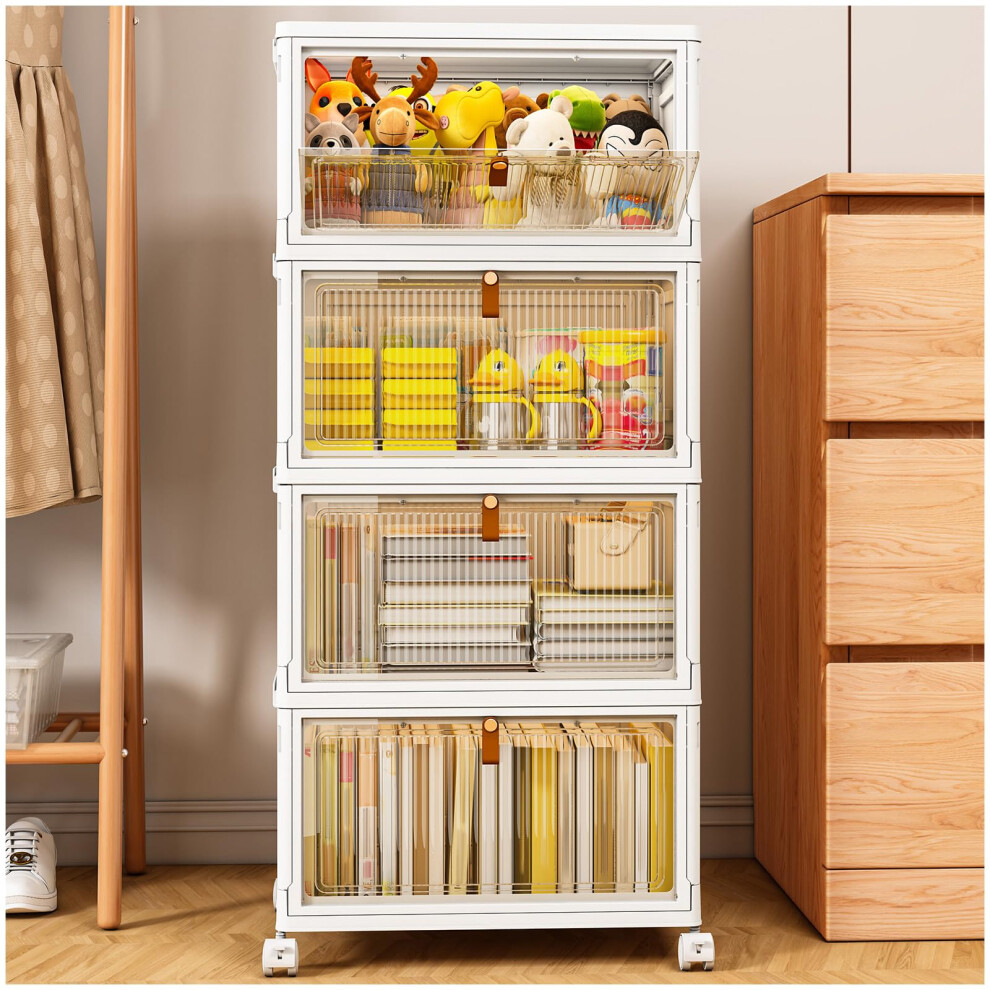 TidyTrove Storage Boxes with Lid, 4-Tier Plastic Stackable Storage Boxes with 1 Lid 28L/Tier, Folding Storage Bins with Wheels, Storage Organizer for