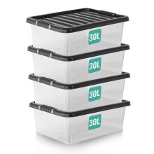 KLASS 4 x 30 Litre Underbed Storage Boxes with Lids Set of 4, Clear Multipurpose Nestable Stackable Plastic Storage Box With Lid 30L Clear Containers