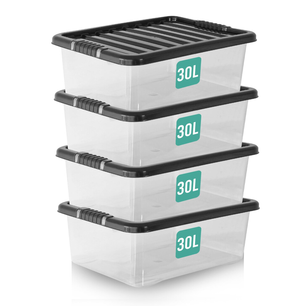 Klass Home Collection Klass 4 X 30 Litre Underbed Storage Boxes With Lids Set Of 4, Clear Multipurpose Nestable Stackable Plastic Storage Box With Lid 30L Clear Containers