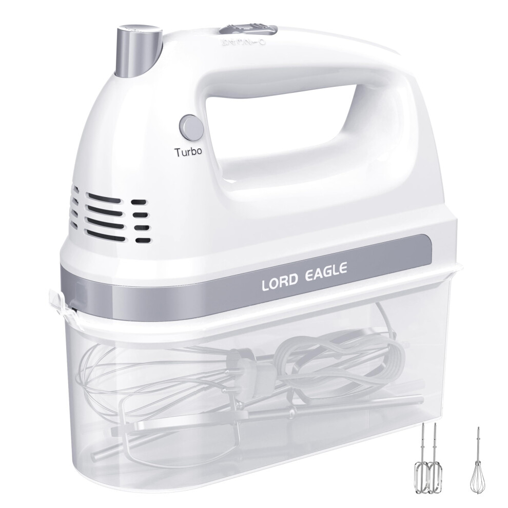 Lord Eagle Electric Hand Mixer, 300W Power Handheld Mixer Kitchen for 5-Speed Baking Cake Egg Cream Food Beaters Whisk, with Snap-On Storage Case, Wh
