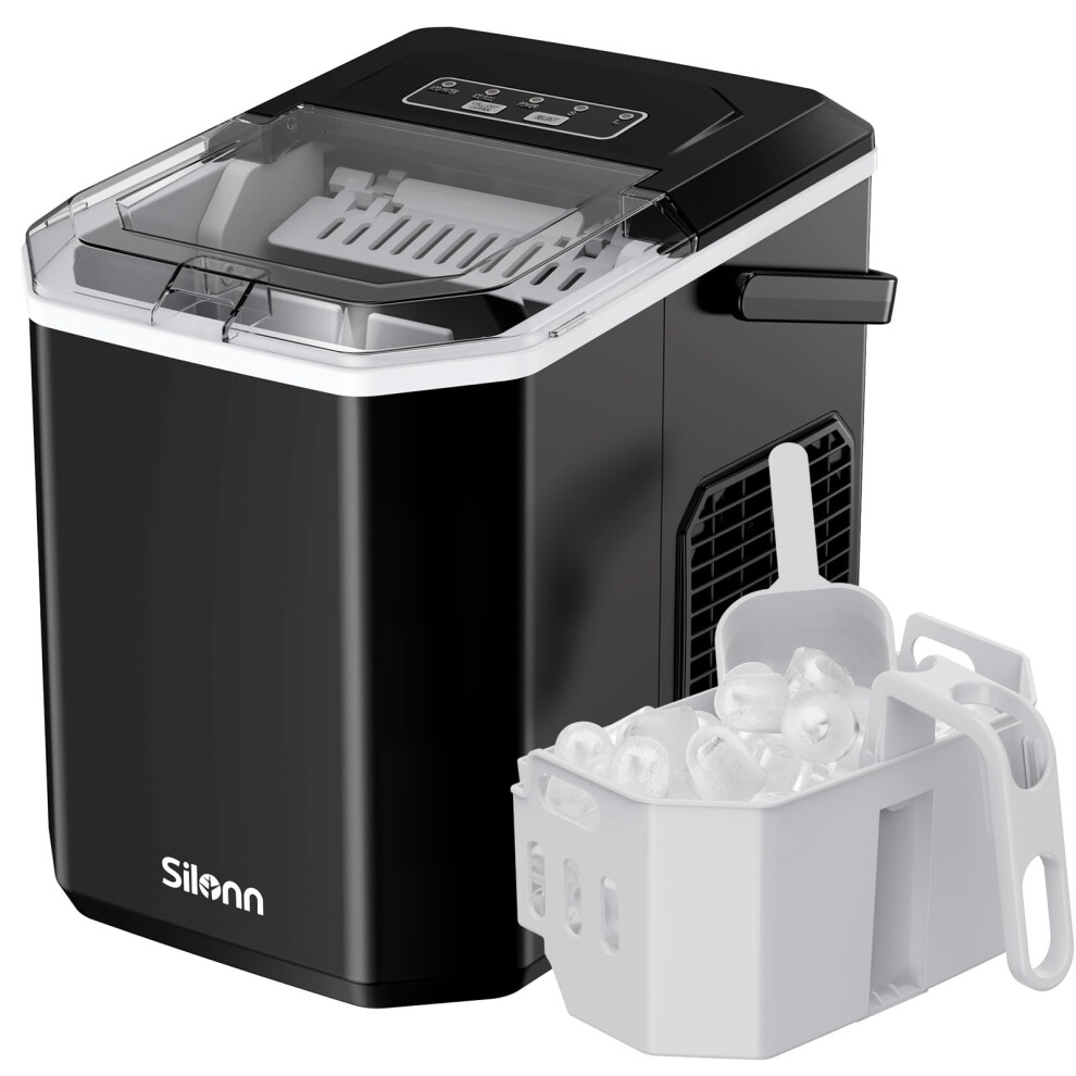 Silonn Portable Ice Maker Countertop, Self-Cleaning Ice Machine with Carry Handle, Includes Basket & Scoop, Produces 9 Ice Cubes in 6 Minutes, 12KG D