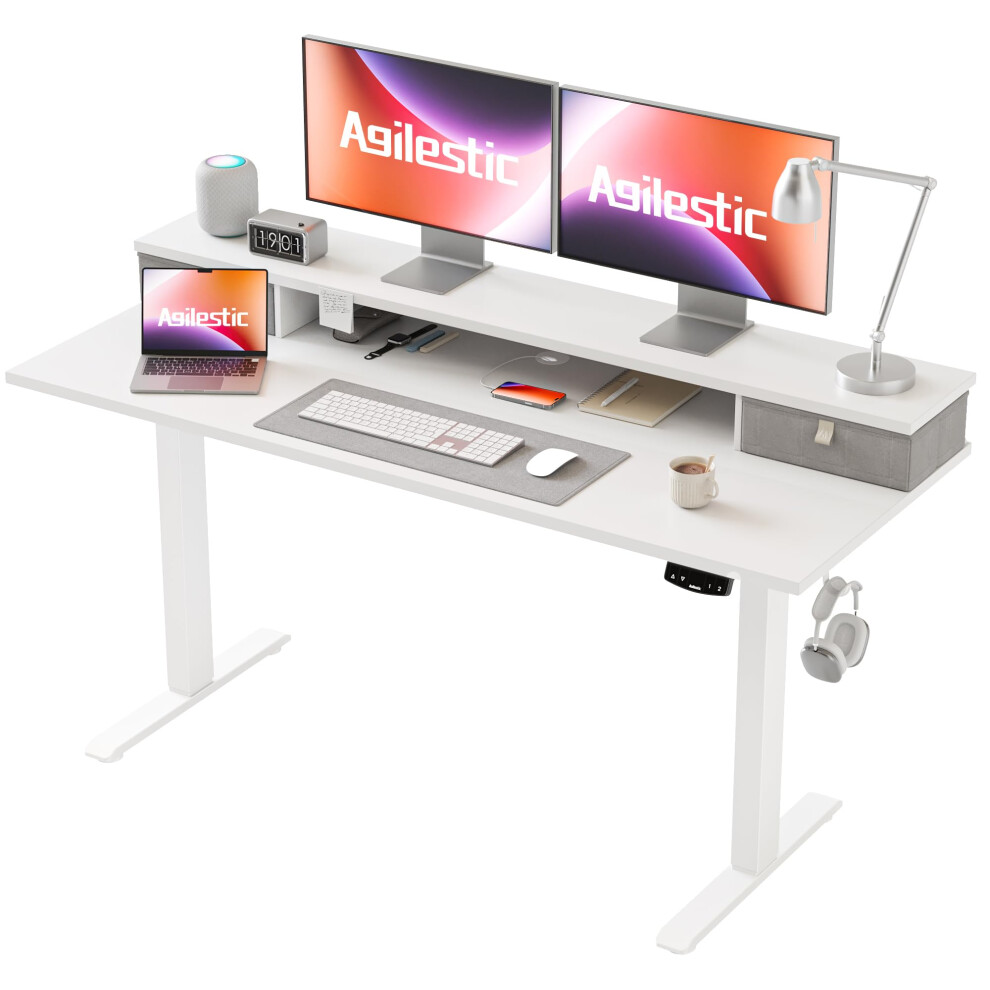 Agilestic Adjustable Height Desk with 2 Drawers, 140 x 60 cm, Stable Electric Sit-Stand Desk, Ergonomic Computer Desk, White