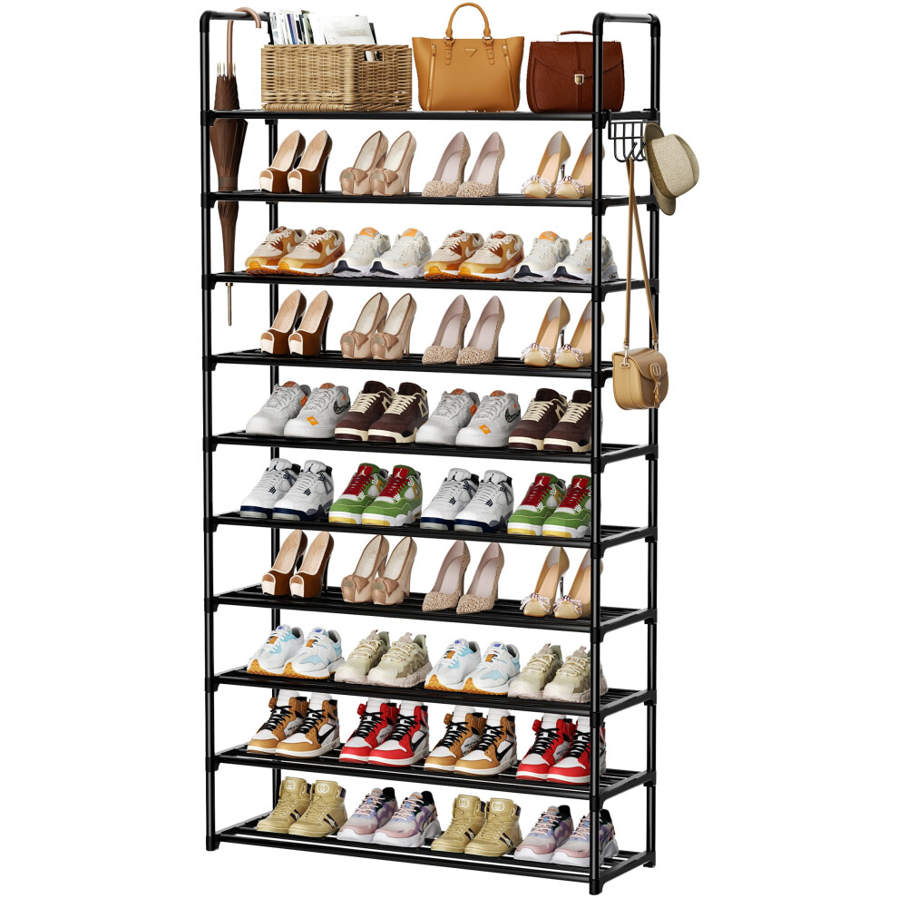 SPUSEN Metal Shoe Rack, 10 Tier Shoe Storage Organizer with Hooks,Fit 40-45Pairs Shoes,Metal Tall Shoe Shelf for Closet,Entryway,Garage,Bedroom,Cloak
