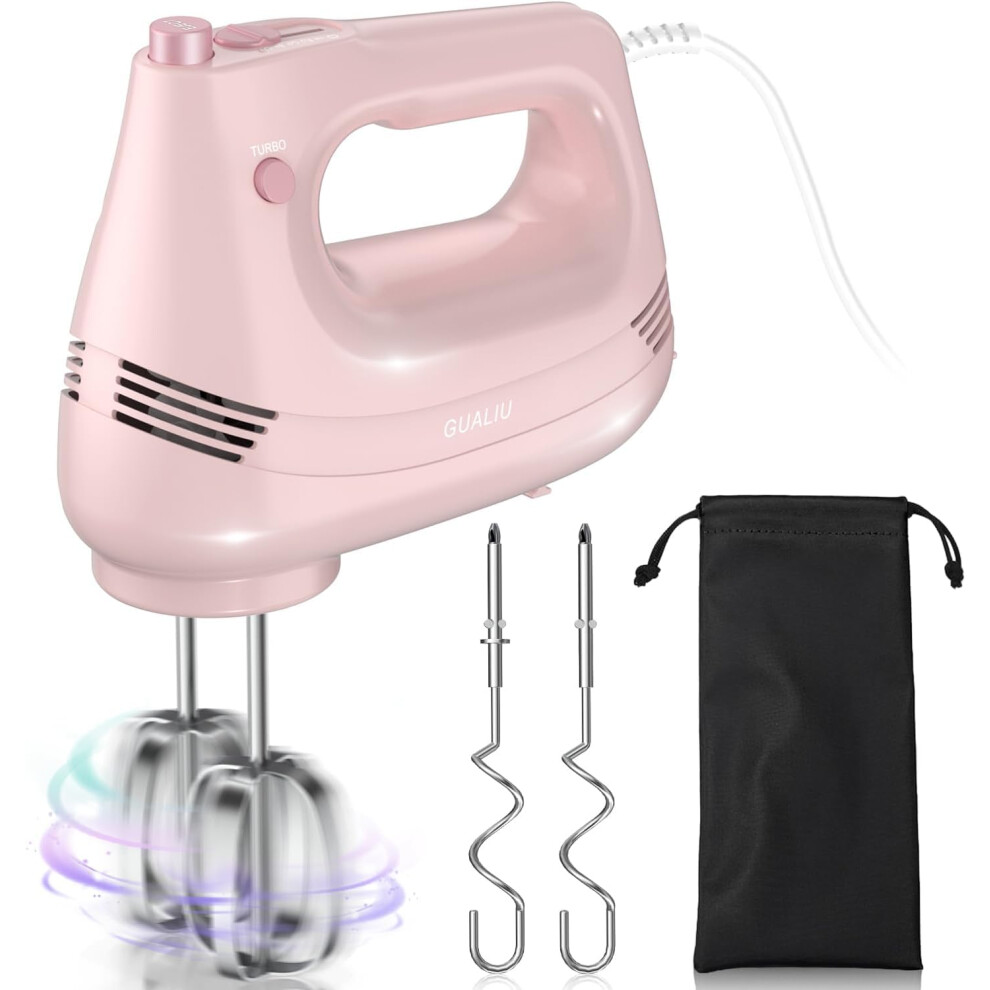 GUALIU Electric Hand Mixer with Stainless Steel Whisk, Dough Hook Attachment and Storage Bag, Handheld Mixer for Baking Cakes, Eggs, Cream Food Mixer